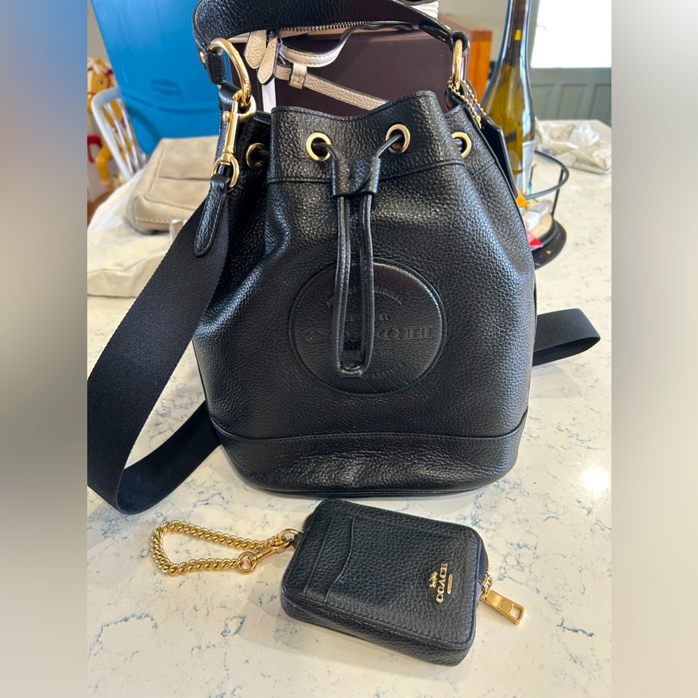Coach Black Bucket Bag with Small Wallet, Gold Hardware